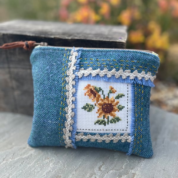 Sunflower cross stitch wool zip pouch