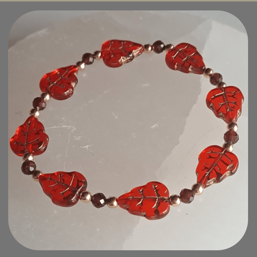 Czech Glass, Garnet and Vermeil Red Leaves bracelet