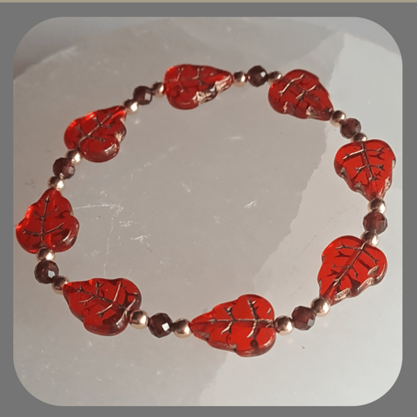 Czech Glass, Garnet and Vermeil Red Leaves bracelet