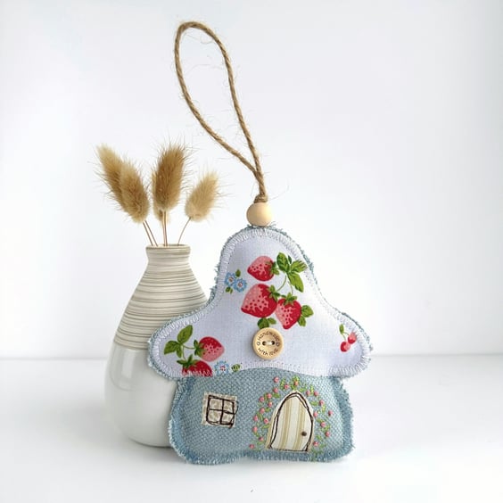 Toadstool Fairy House Hanging Decoration - Fabric Mushroom with Strawberries