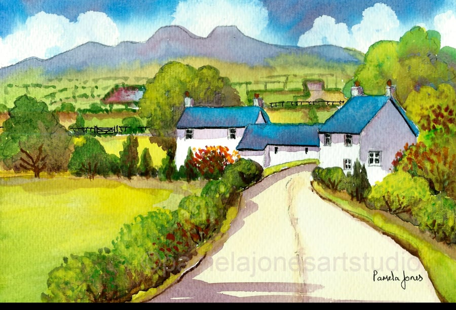 Cottages, Brecon Beacons, South Wales, Original Watercolour, in 14 x 11 '' Mount
