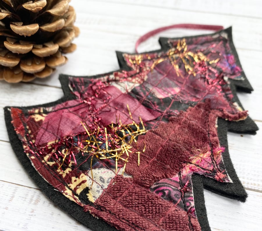Embroidered up-cycled burgundy red Christmas tree  home decoration. 