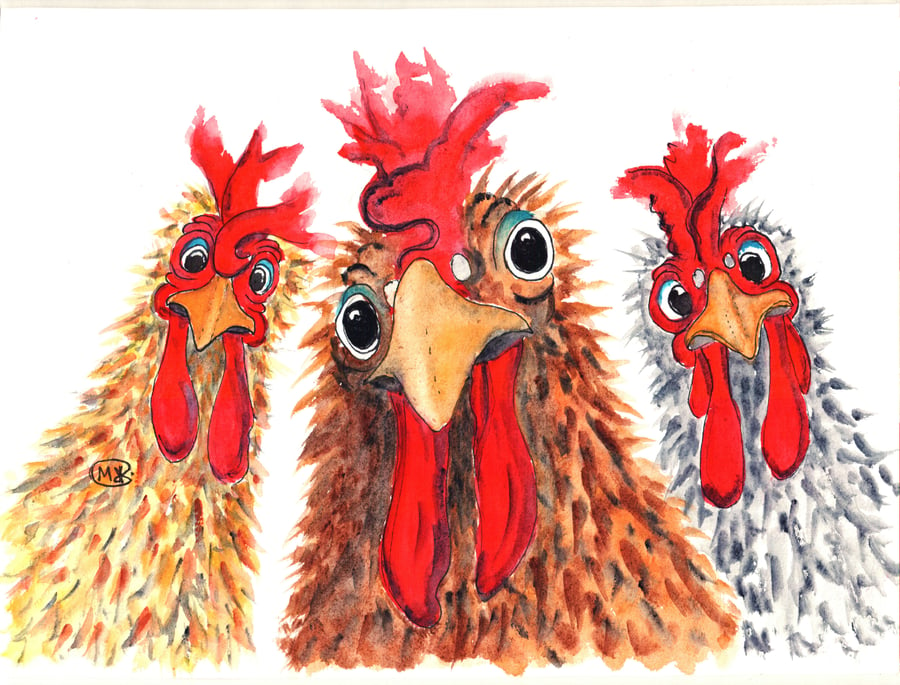  Chicken Three. Original Painting. Hen, Bird, Chook, Rooster.