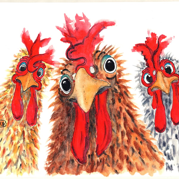  Chicken Three. Original Painting. Hen, Bird, Chook, Rooster.