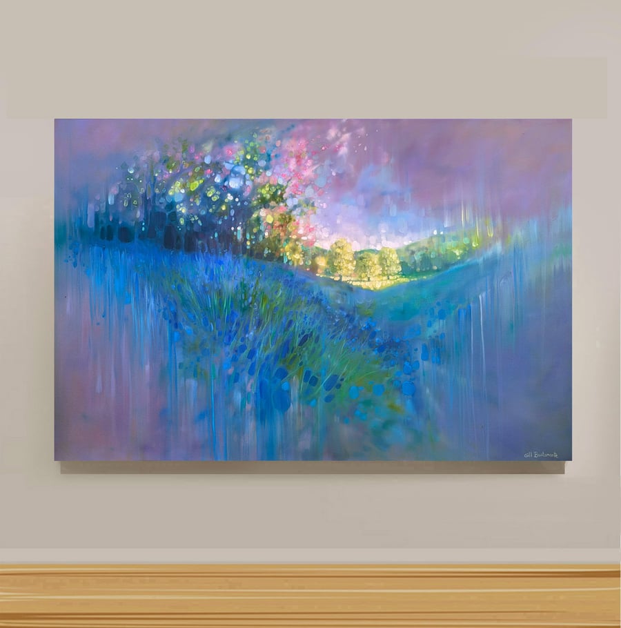 Spring Calling is a vibrant semi abstract landscape painting with bluebells