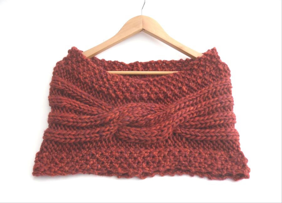 Maroon chunky wool knit stole , red hand knitted cowl 