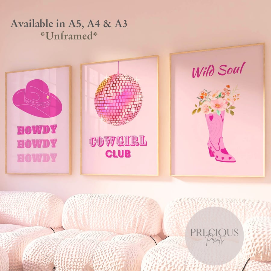 Set of 3 Cowgirl Preppy Wall Print Trendy Wall Art Print