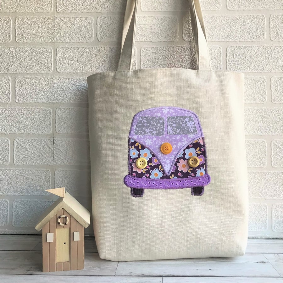 Campervan tote bag in cream with purple floral campervan