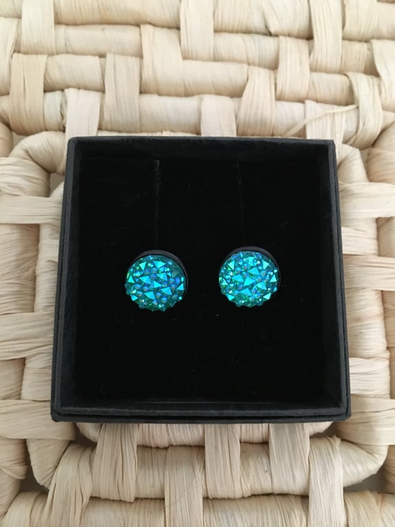 Sparkling Resin Druzy Ear Studs in Aqua