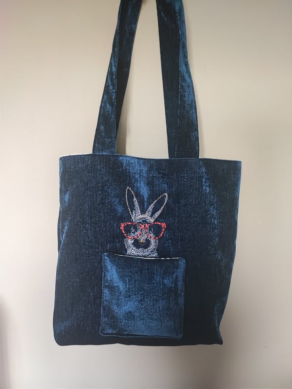 Tote Bag,deep blue velvet with  embroidered Rabbit