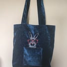 Tote Bag,deep blue velvet with  embroidered Rabbit