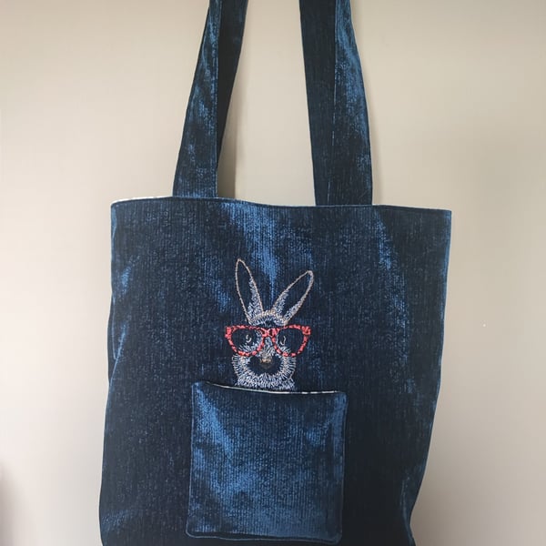 Tote Bag,deep blue velvet with  embroidered Rabbit