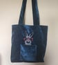 Tote Bag,deep blue velvet with  embroidered Rabbit