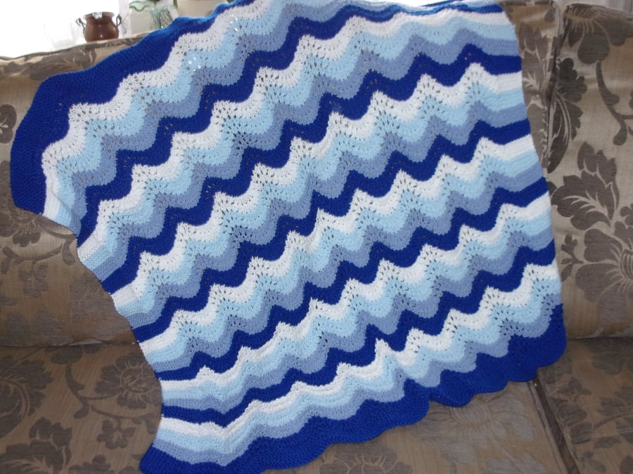 REDUCED Hand Knitted Blue and White Ripple Blanket with Garter Stitch Border
