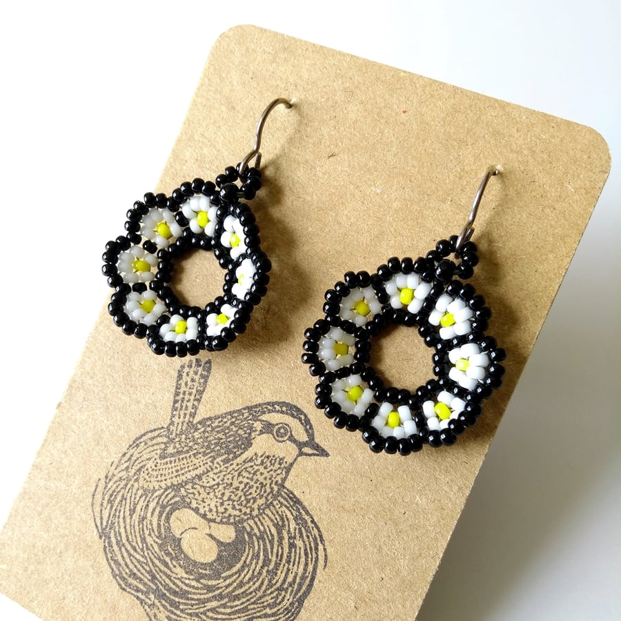Daisy Cup Drop Earrings in Black, White and Yellow
