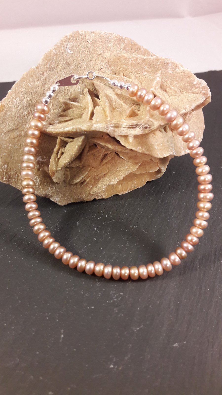 June Peach Pearl Button and Sterling Silver Bracelet