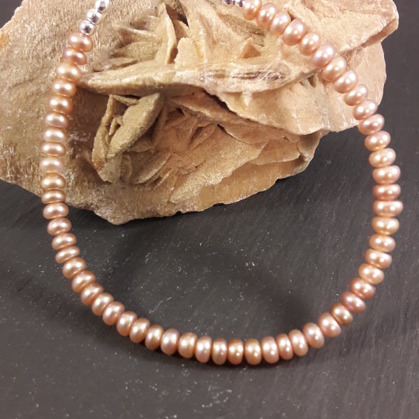 June Peach Pearl Button and Sterling Silver Bracelet