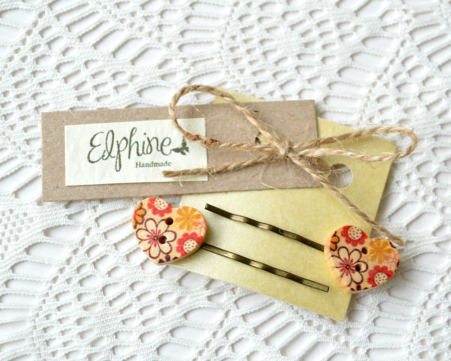 Pair of Bobby Pins with Heart Buttons