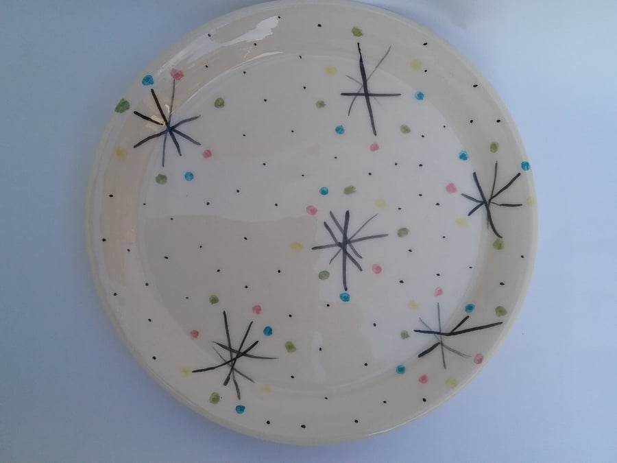 Handmade ceramic handthrown pottery large plate or platter with cheery pattern
