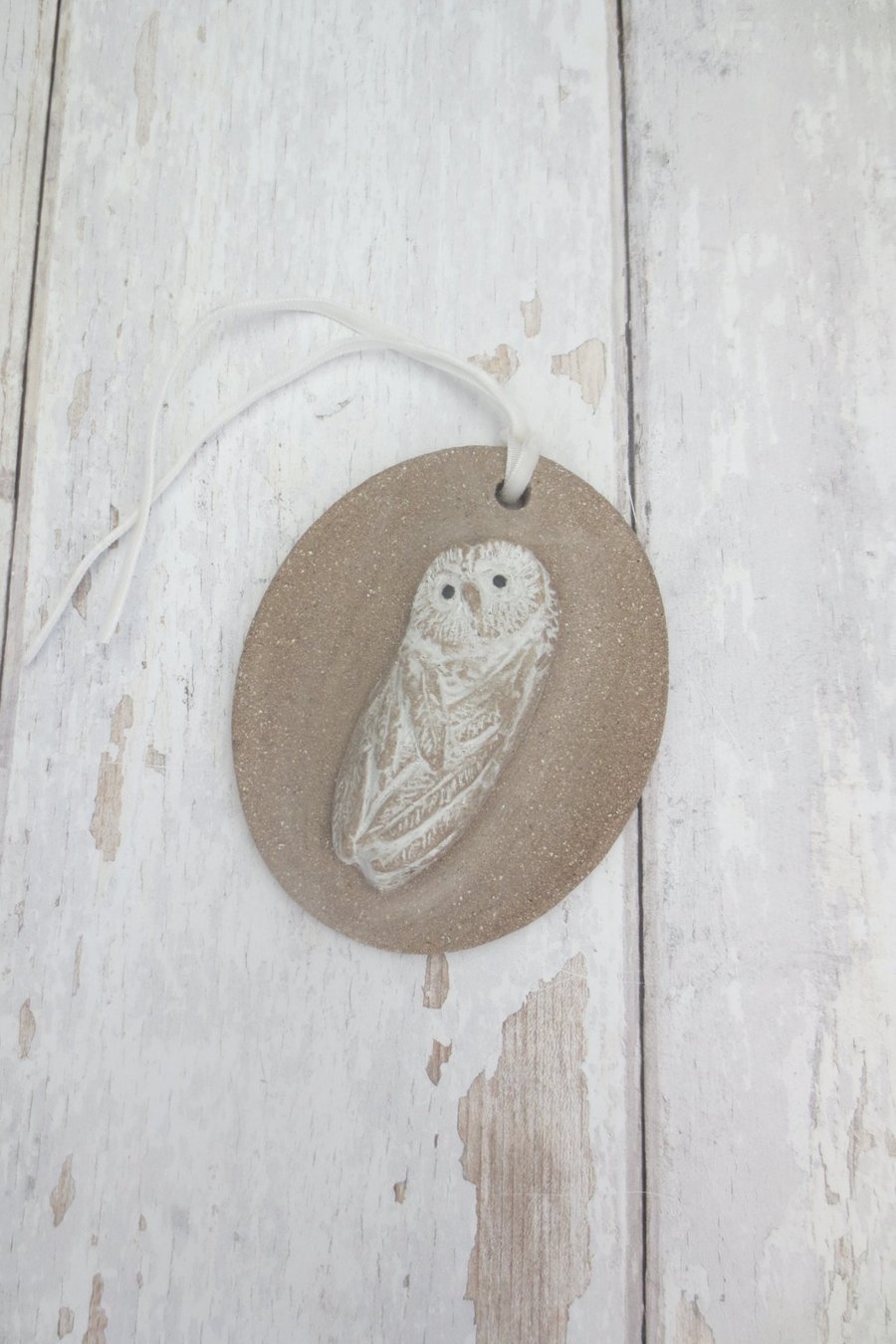 WALL DECORATION hand-built stoneware snowy owl plaque ornament in white