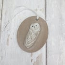 WALL DECORATION hand-built stoneware snowy owl plaque ornament in white