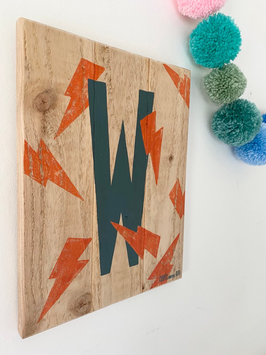 Initial Lighting Bolt Wooden Sign 