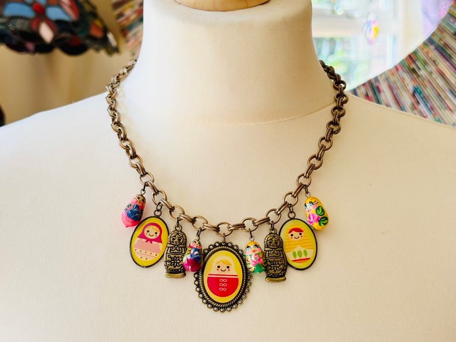 Russian Doll Cameo Charm Statement Necklace