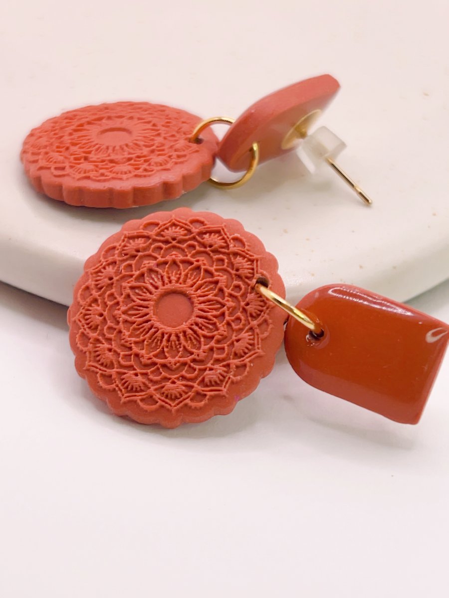 Terracotta boho earrings, Geometric polymer clay, Boho gift for her