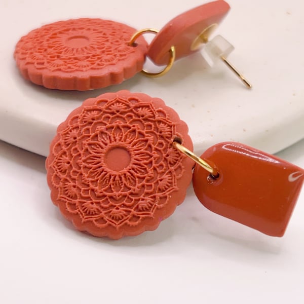 Terracotta boho earrings, Geometric polymer clay, Boho gift for her