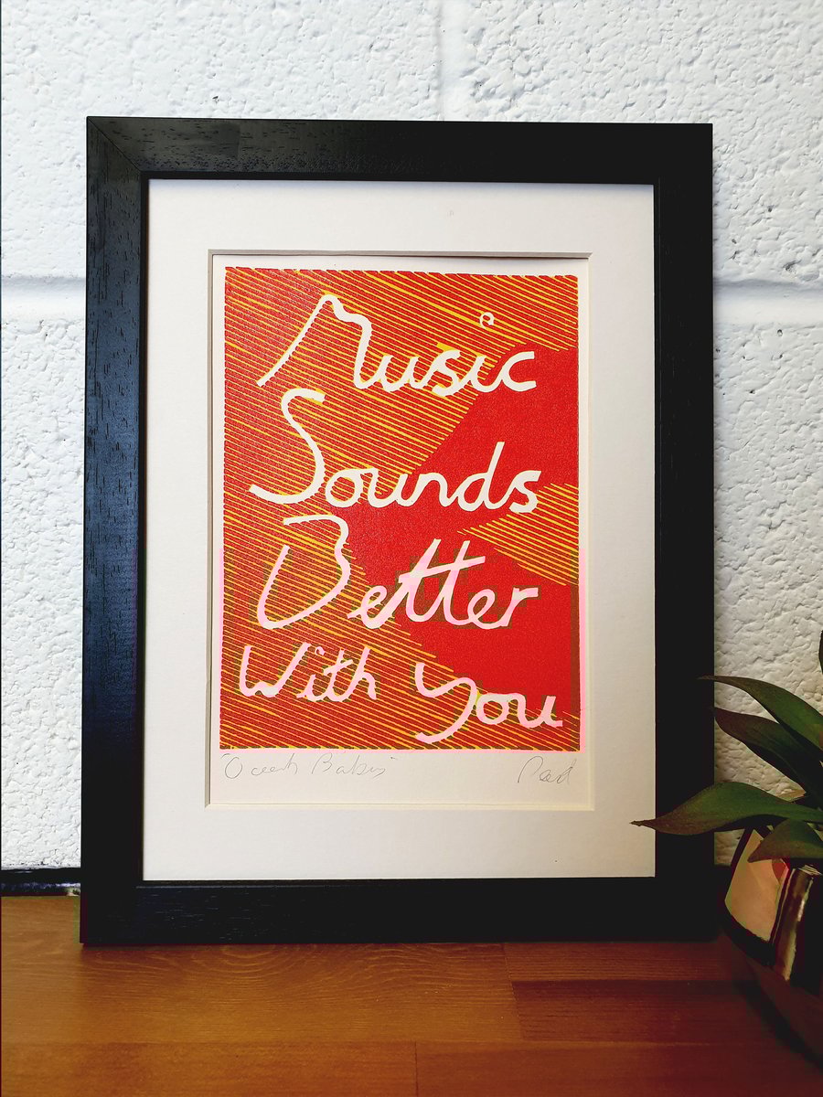 Stardust- Music Sounds Better With You Lyrics Original Lino Print
