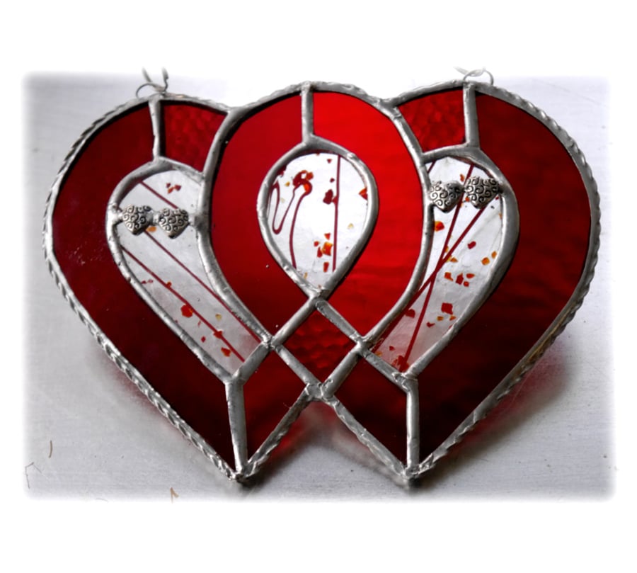 Entwined Heart Suncatcher Stained Glass Red Ruby Wedding Valentine