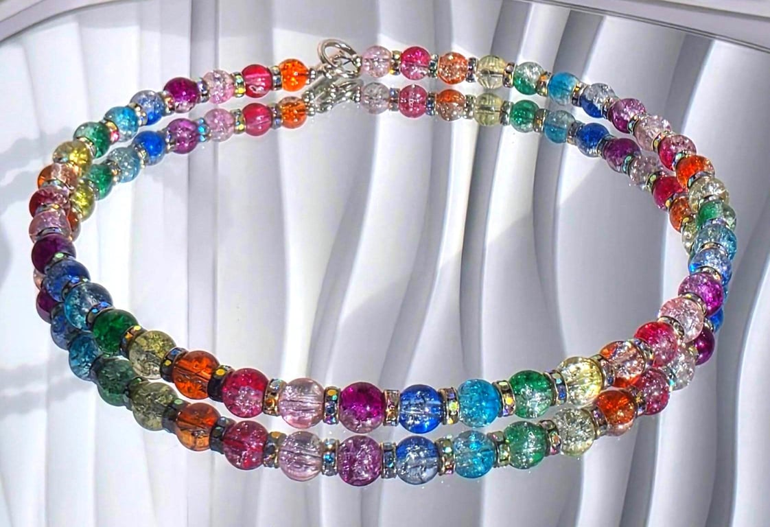 Rainbow Crackle Glass Choker Colourful Beaded Statement Necklace Handmade UK