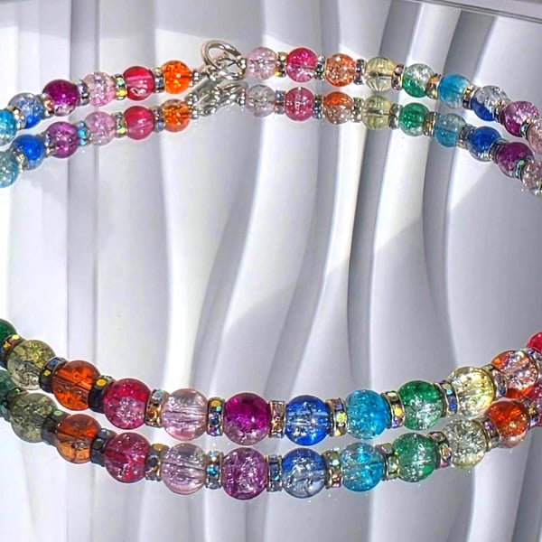 Rainbow Crackle Glass Choker Colourful Beaded Statement Necklace Handmade UK