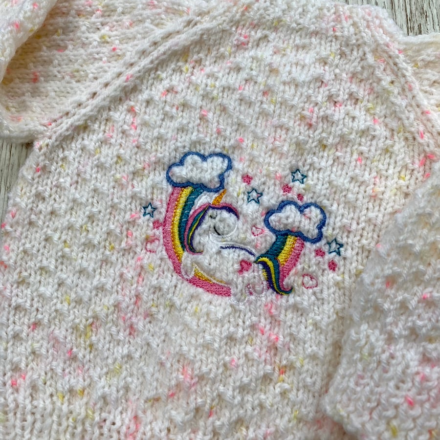 Hand knitted baby cardigan 0-6months with embroidered unicorn