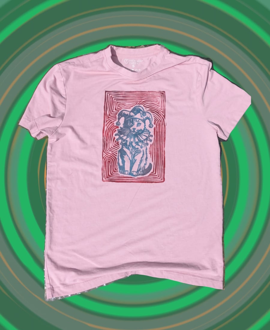 unisex upcycled lino print unique jester cat tshirt sized small