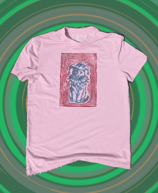 unisex upcycled lino print unique jester cat tshirt sized small
