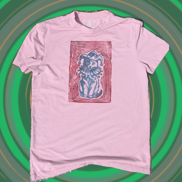unisex upcycled lino print unique jester cat tshirt sized small