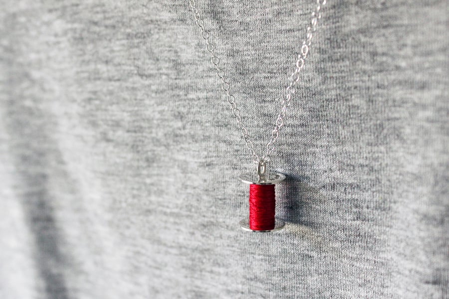 Cotton reel pendant, silver necklace, sewing necklace