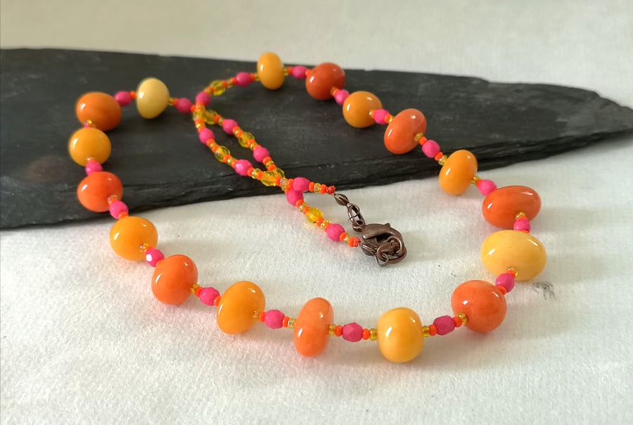 Malaysian jade and Czech glass bead pink, orange and yellow necklace