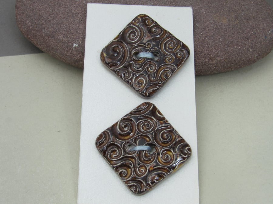 2 Large Dark Copper Spiral Texture Square Ceramic Buttons
