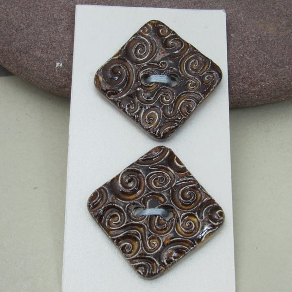 2 Large Dark Copper Spiral Texture Square Ceramic Buttons
