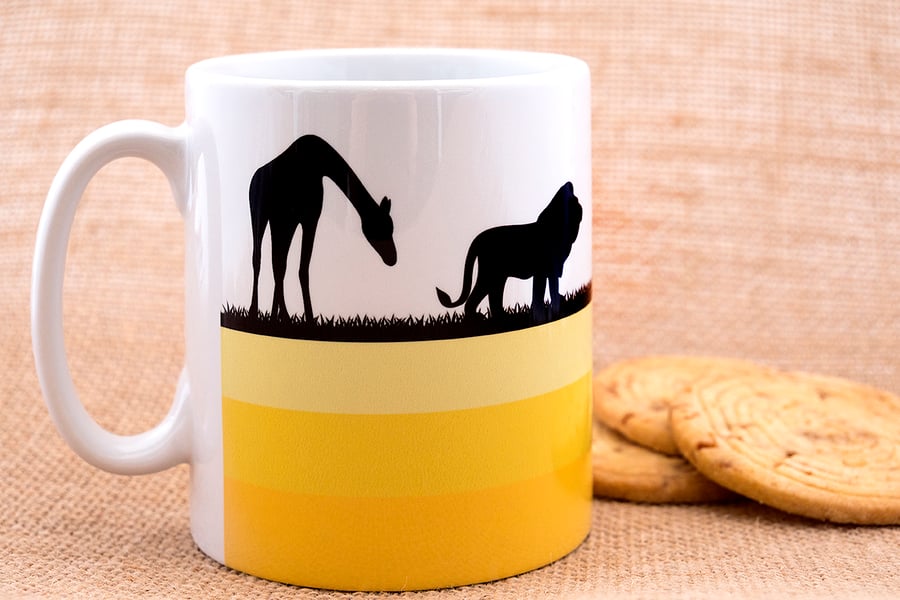 African Safari Wild Animals Coffee Mug with Giraffes, Lions, Oryx and Elephants