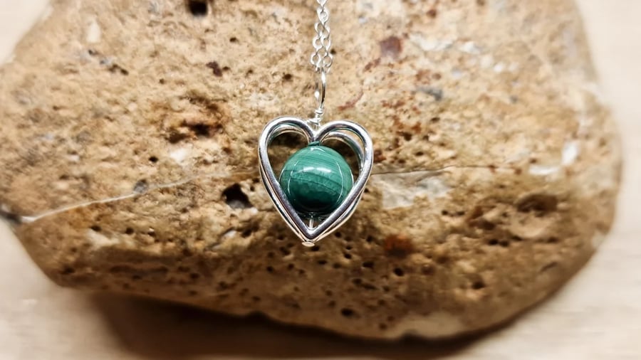 Small Green Malachite heart pendant necklace. Sterling silver.