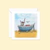 Fishing Boat Greeting Card - Hand Drawn Illustration of a Beach Side Scene