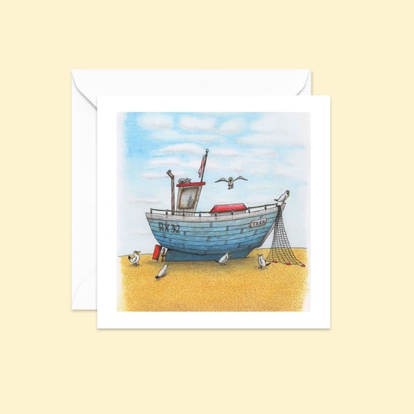 Seaside Fishing Boat Greeting Card: Hand Drawn Beach Life Illustration (809)