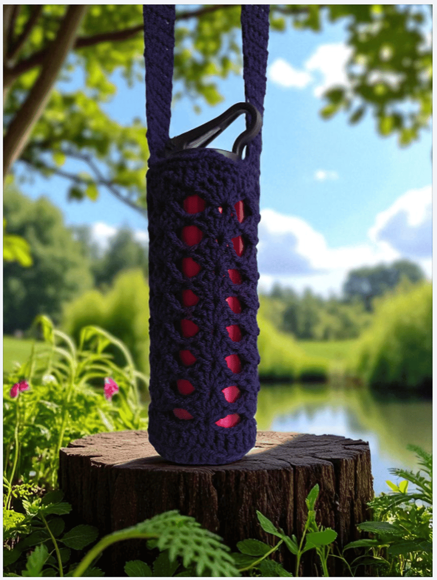 Hand Crochet Water Bottle Holder Crossbody Water Bottle Carrier - Navy Blue