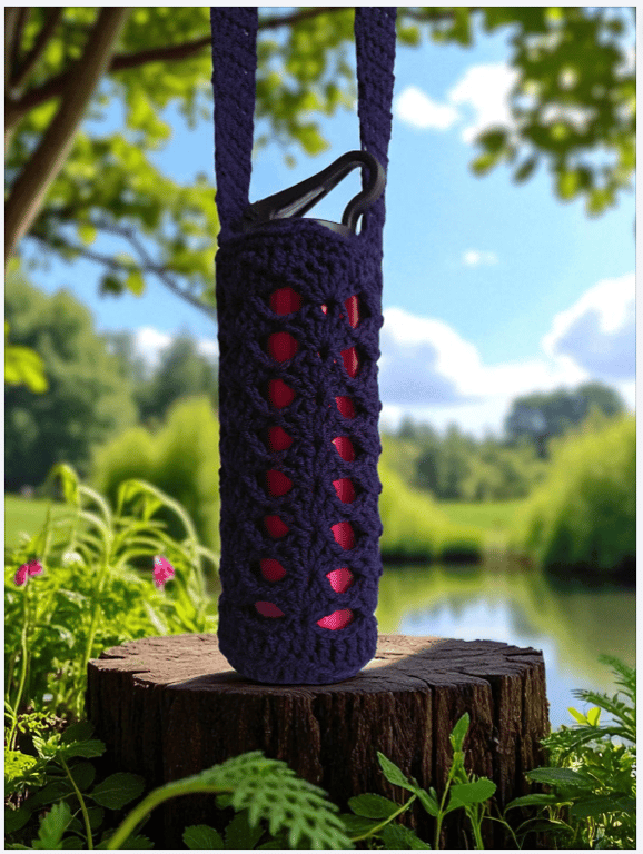 Hand Crochet Water Bottle Holder Crossbody Water Bottle Carrier - Navy Blue