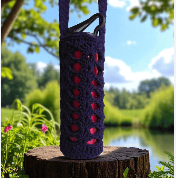 Hand Crochet Water Bottle Holder Crossbody Water Bottle Carrier - Navy Blue