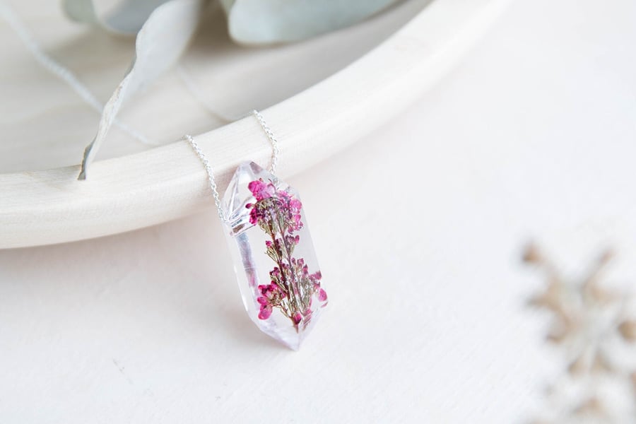 Heather Necklace - "Raw Crystal" Pressed Flower Jewelry Gifts For Her Real Flowe
