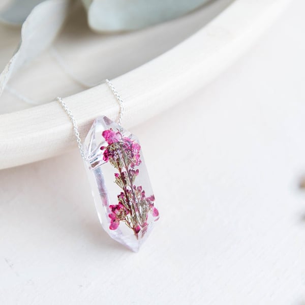 Heather Necklace - "Raw Crystal" Pressed Flower Jewelry Gifts For Her Real Flowe